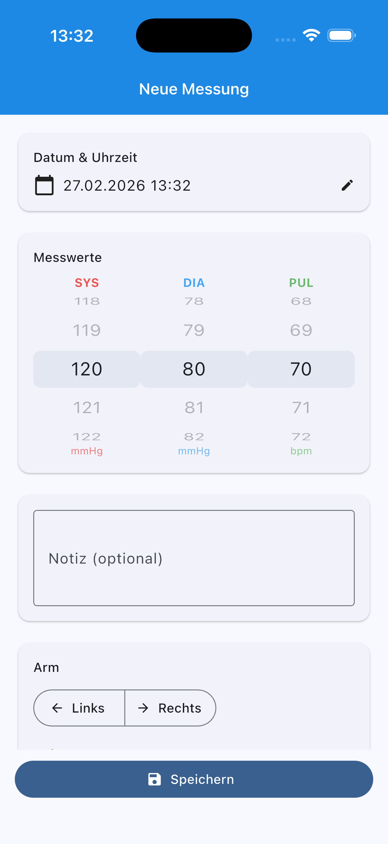 Eingabe-Screen mit Drehrad fuer Systole, Diastole und Puls